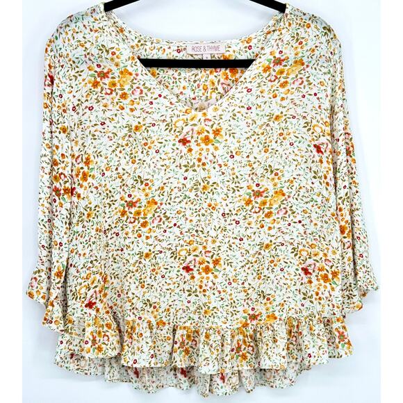 Rose & Thyme Womens S Flower V Neck Blouse 3/4 Sleeve Ruffle Hem Cottagecore - Picture 1 of 5